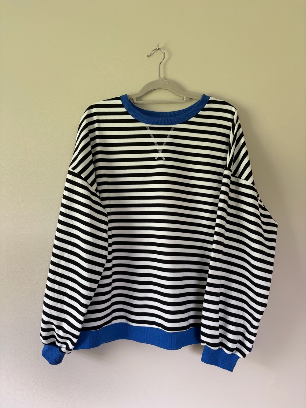 UEU Black & White Striped Crewneck Sweater with Blue Trim